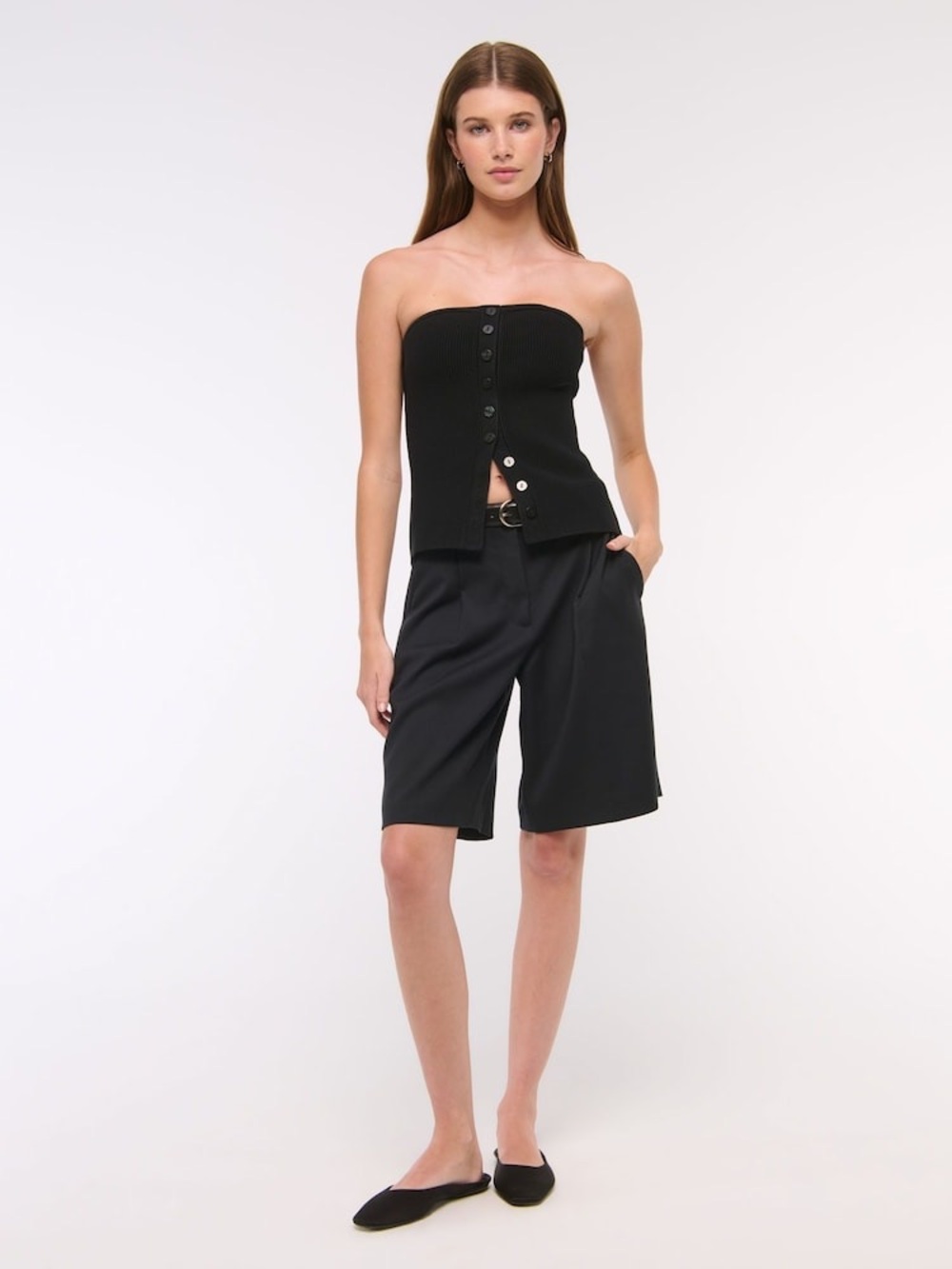 Abercrombie & Fitch Black Ribbed Button Front Strapless Knit Tube Top Size M - Picture 2 of 10